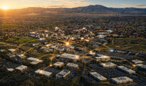 Image of the UCI campus and surrounding area with networking lines comingout from Aldrich Park to indicate collaboration across campus and beyond
